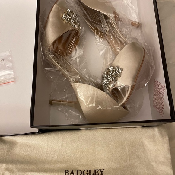 Badgley Mischka Embelished peep toe 3 inch heels in champagne satin - Picture 3 of 7